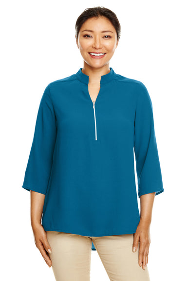 Devon & Jones DP611W Womens Perfect Fit Short Sleeve 1/4 Zip Crepe Tunic Dark Teal Blue Model Front