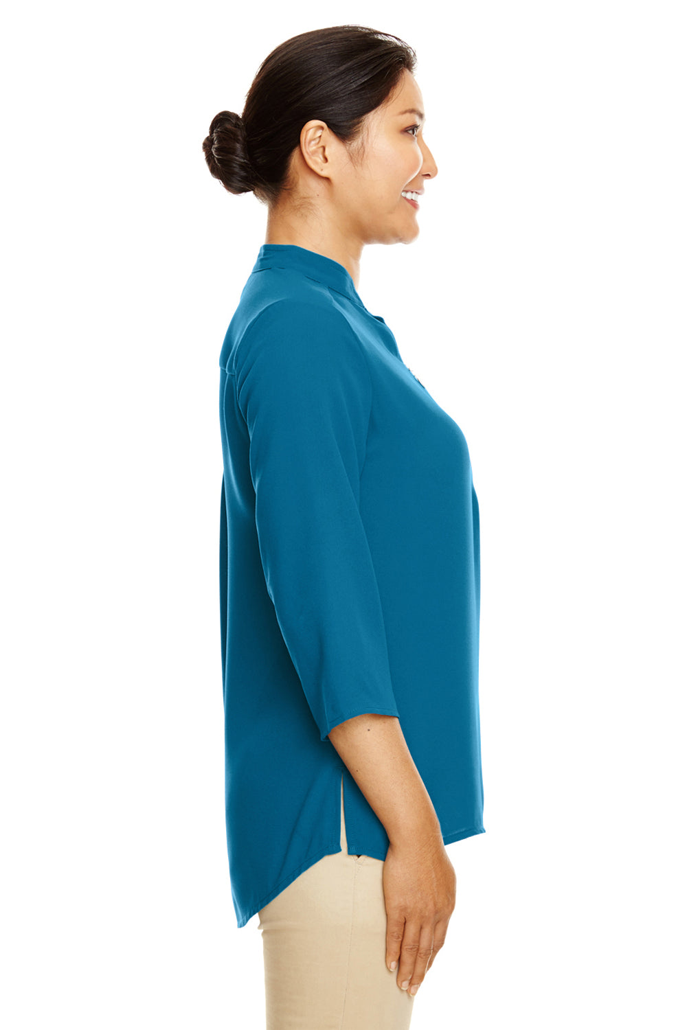 Devon & Jones DP611W Womens Perfect Fit Short Sleeve 1/4 Zip Crepe Tunic Dark Teal Blue Model Side