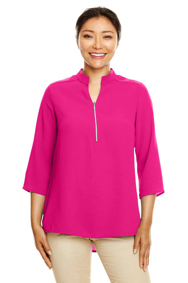 Devon & Jones DP611W Womens Perfect Fit Short Sleeve 1/4 Zip Crepe Tunic Crown Raspberry Pink Model Front