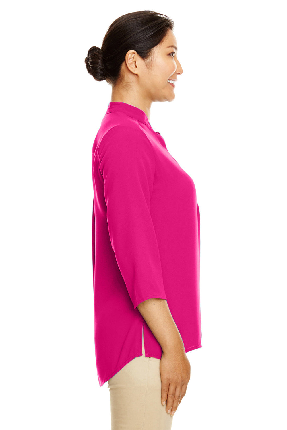 Devon & Jones DP611W Womens Perfect Fit Short Sleeve 1/4 Zip Crepe Tunic Crown Raspberry Pink Model Side