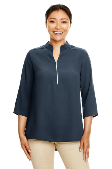 Devon & Jones DP611W Womens Perfect Fit Short Sleeve 1/4 Zip Crepe Tunic Navy Blue Model Front