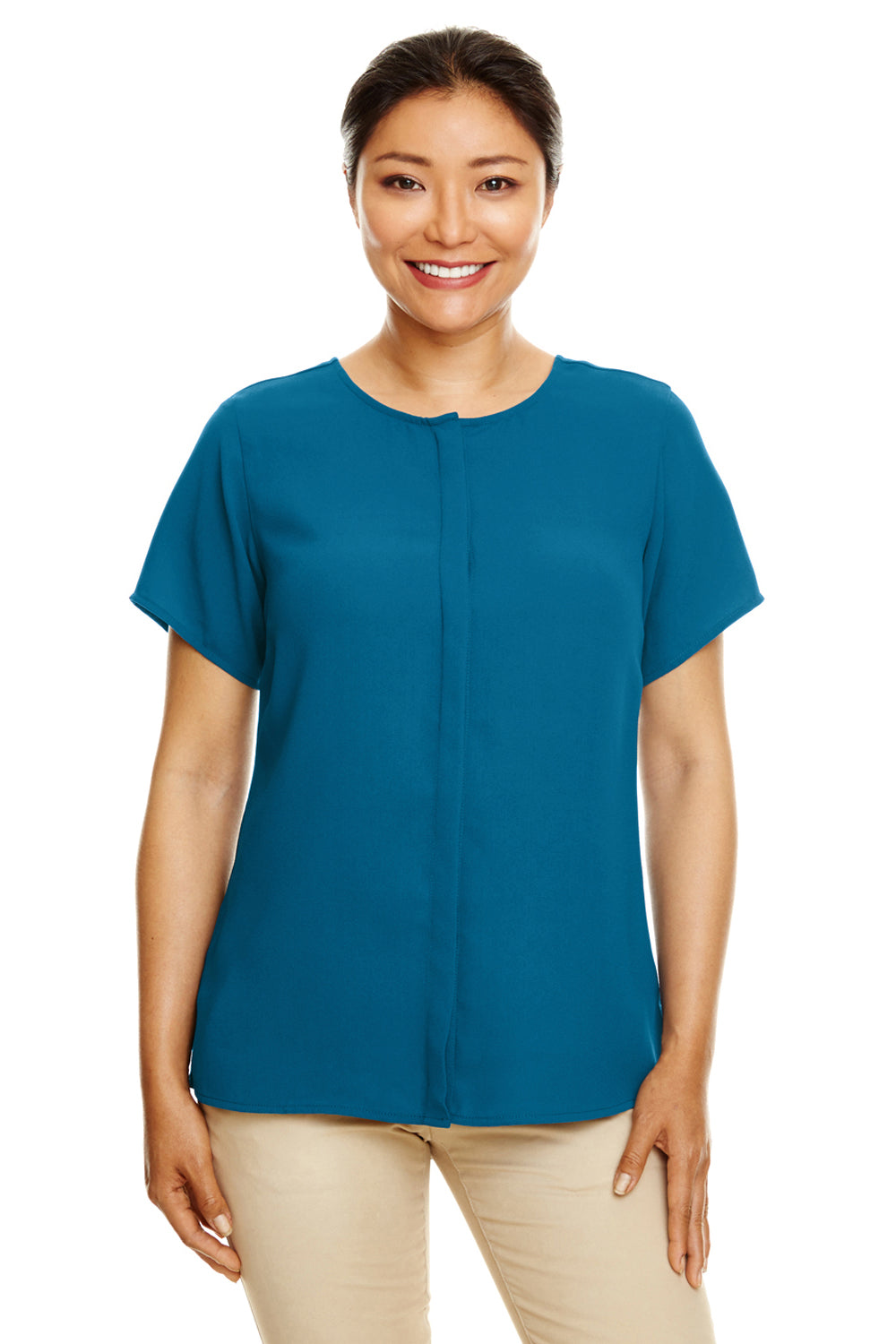 Devon & Jones DP612W Womens Perfect Fit Short Sleeve Blouse Dark Teal Blue Model Front