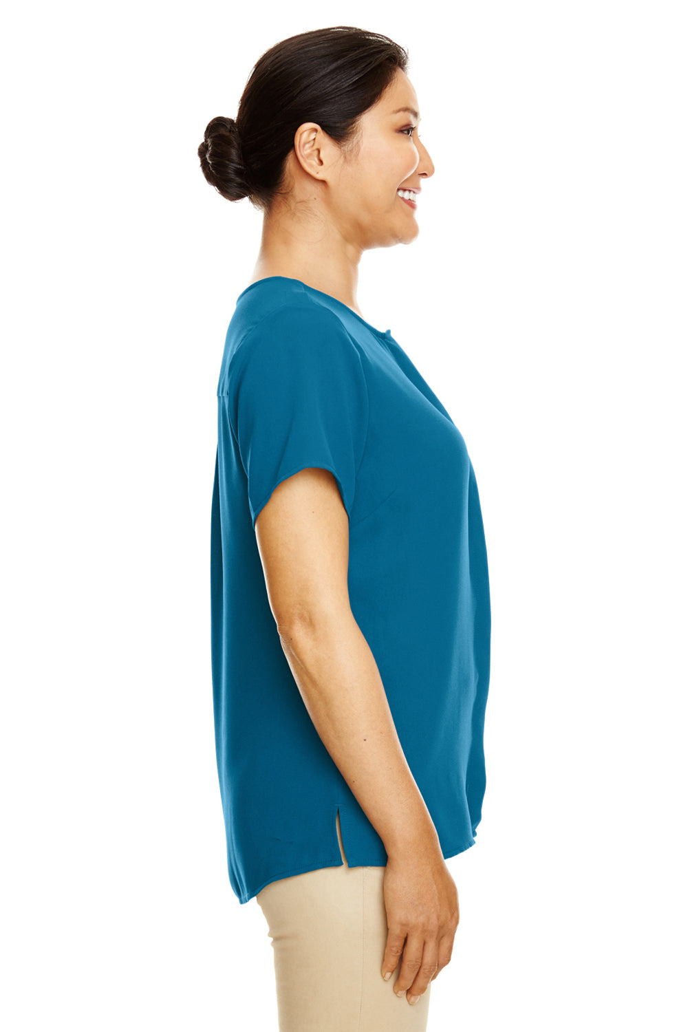 Devon & Jones DP612W Womens Perfect Fit Short Sleeve Blouse Dark Teal Blue Model Side