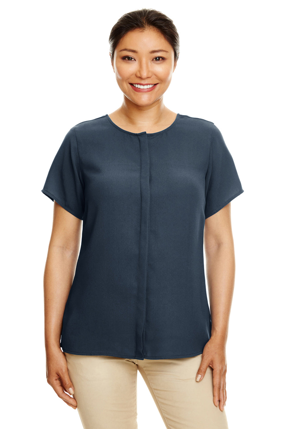 Devon & Jones DP612W Womens Perfect Fit Short Sleeve Blouse Navy Blue Model Front