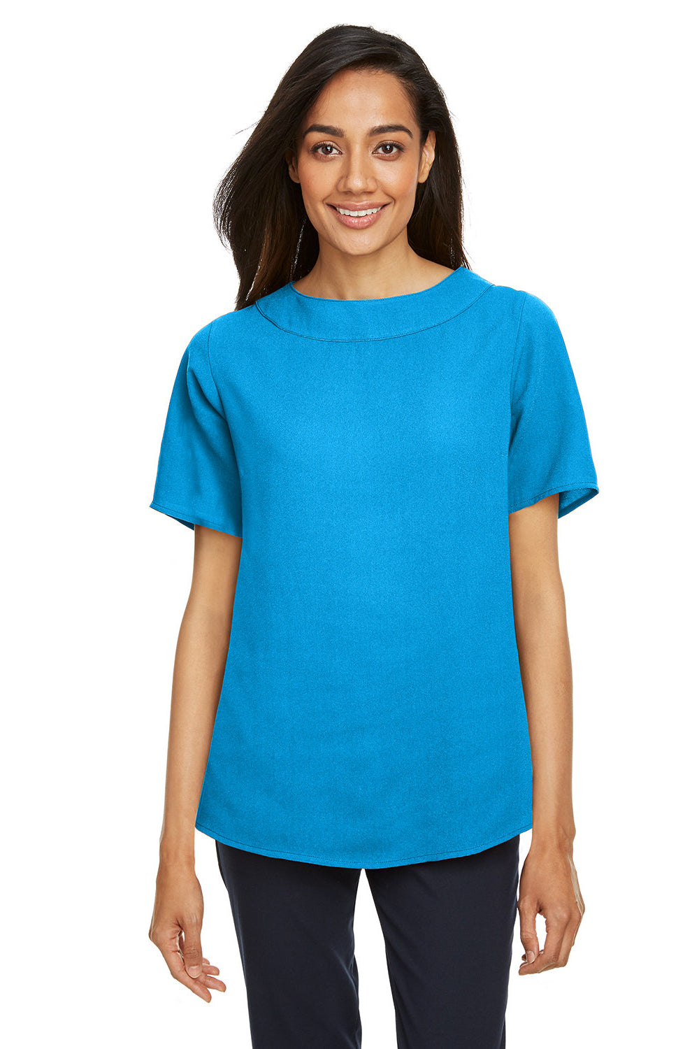 Devon & Jones DP613W Womens Perfect Fit Boat Neck Short Sleeve Blouse Ocean Blue Model Front