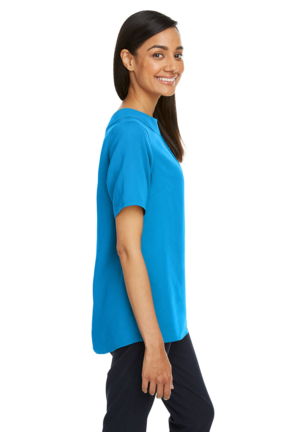 Devon & Jones DP613W Womens Perfect Fit Boat Neck Short Sleeve Blouse Ocean Blue Model Side