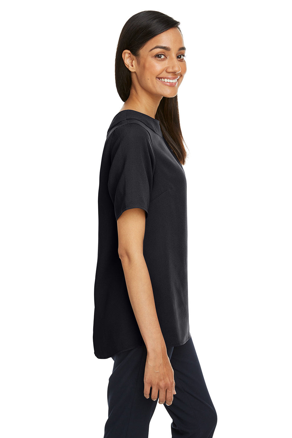 Devon & Jones DP613W Womens Perfect Fit Boat Neck Short Sleeve Blouse Black Model Side