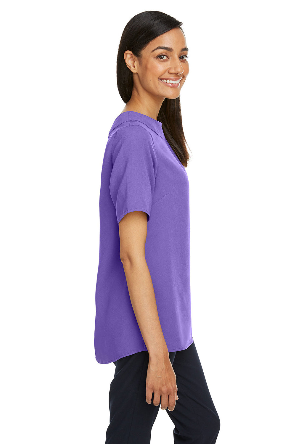 Devon & Jones DP613W Womens Perfect Fit Boat Neck Short Sleeve Blouse Grape Purple Model Side