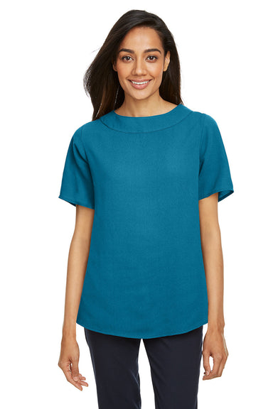 Devon & Jones DP613W Womens Perfect Fit Boat Neck Short Sleeve Blouse Dark Teal Blue Model Front