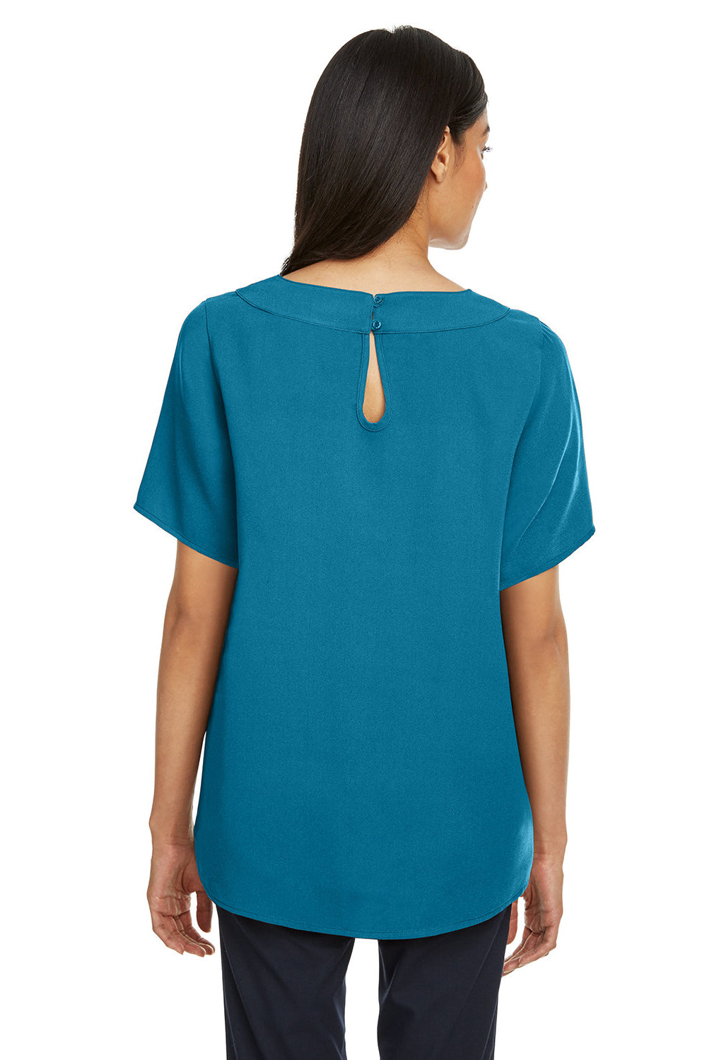 Devon & Jones DP613W Womens Perfect Fit Boat Neck Short Sleeve Blouse Dark Teal Blue Model Back