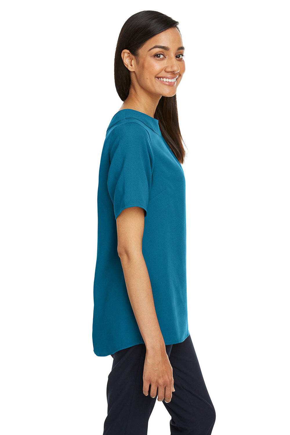 Devon & Jones DP613W Womens Perfect Fit Boat Neck Short Sleeve Blouse Dark Teal Blue Model Side