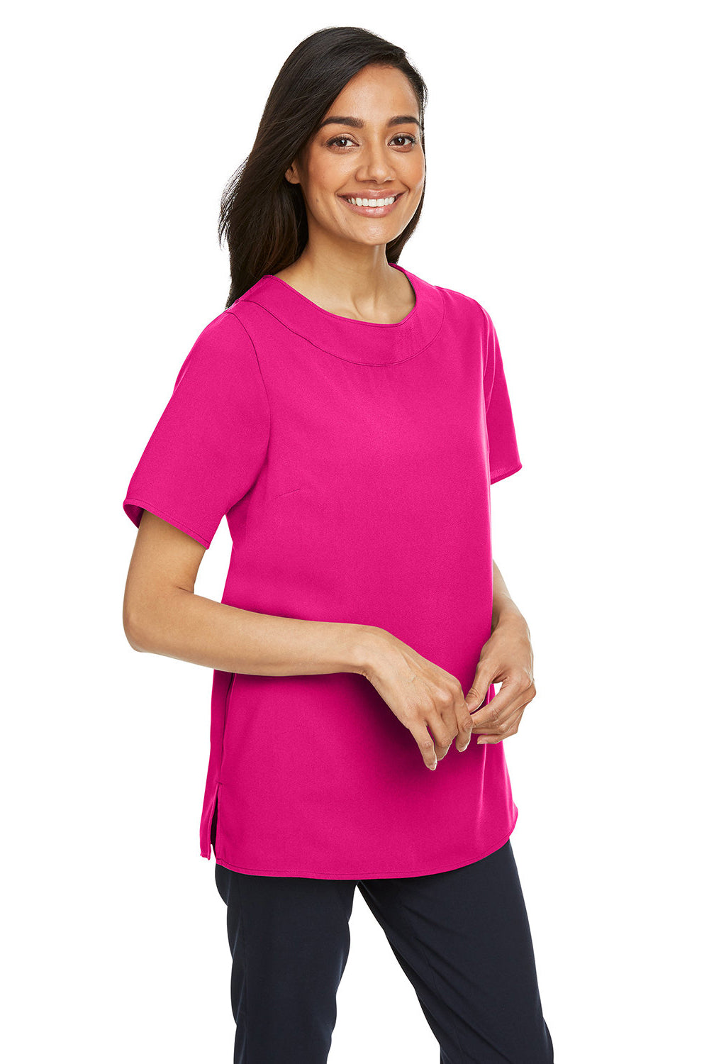 Devon & Jones DP613W Womens Perfect Fit Boat Neck Short Sleeve Blouse Crown Raspberry Pink Model 3q