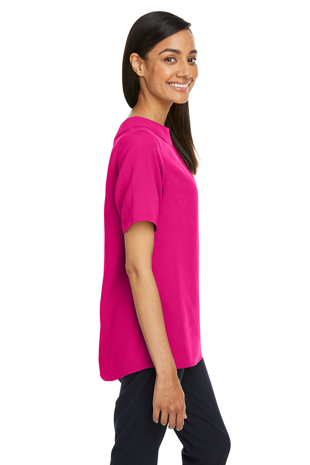 Devon & Jones DP613W Womens Perfect Fit Boat Neck Short Sleeve Blouse Crown Raspberry Pink Model Side