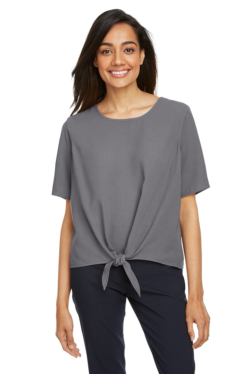 Devon & Jones DP617W Womens Perfect Fit Tie Front Short Sleeve Blouse Graphite Grey Model Front