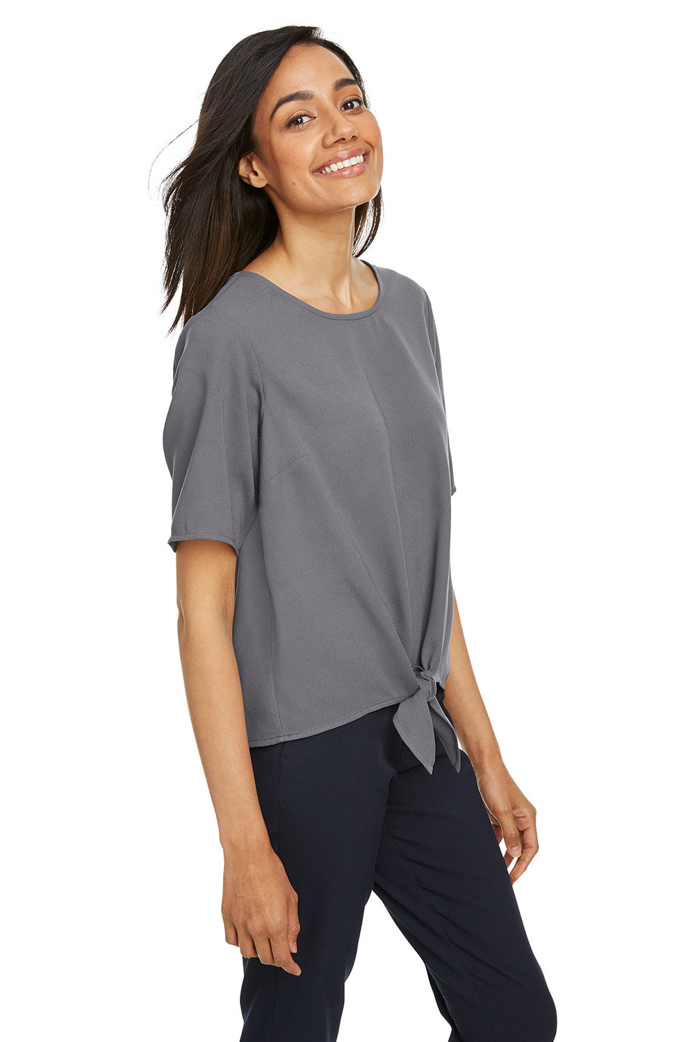 Devon & Jones DP617W Womens Perfect Fit Tie Front Short Sleeve Blouse Graphite Grey Model 3q