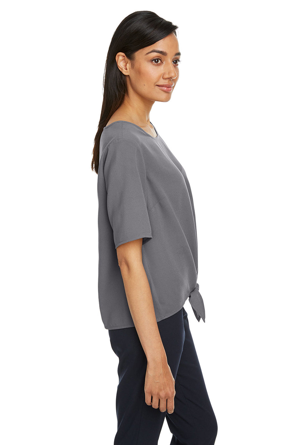 Devon & Jones DP617W Womens Perfect Fit Tie Front Short Sleeve Blouse Graphite Grey Model Side