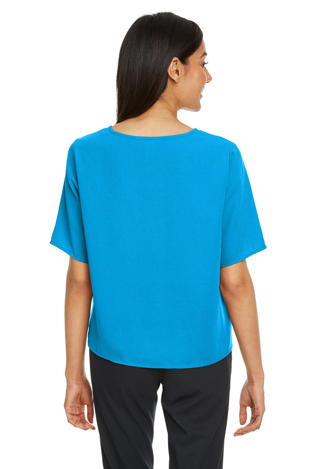 Devon & Jones DP617W Womens Perfect Fit Tie Front Short Sleeve Blouse Ocean Blue Model Back