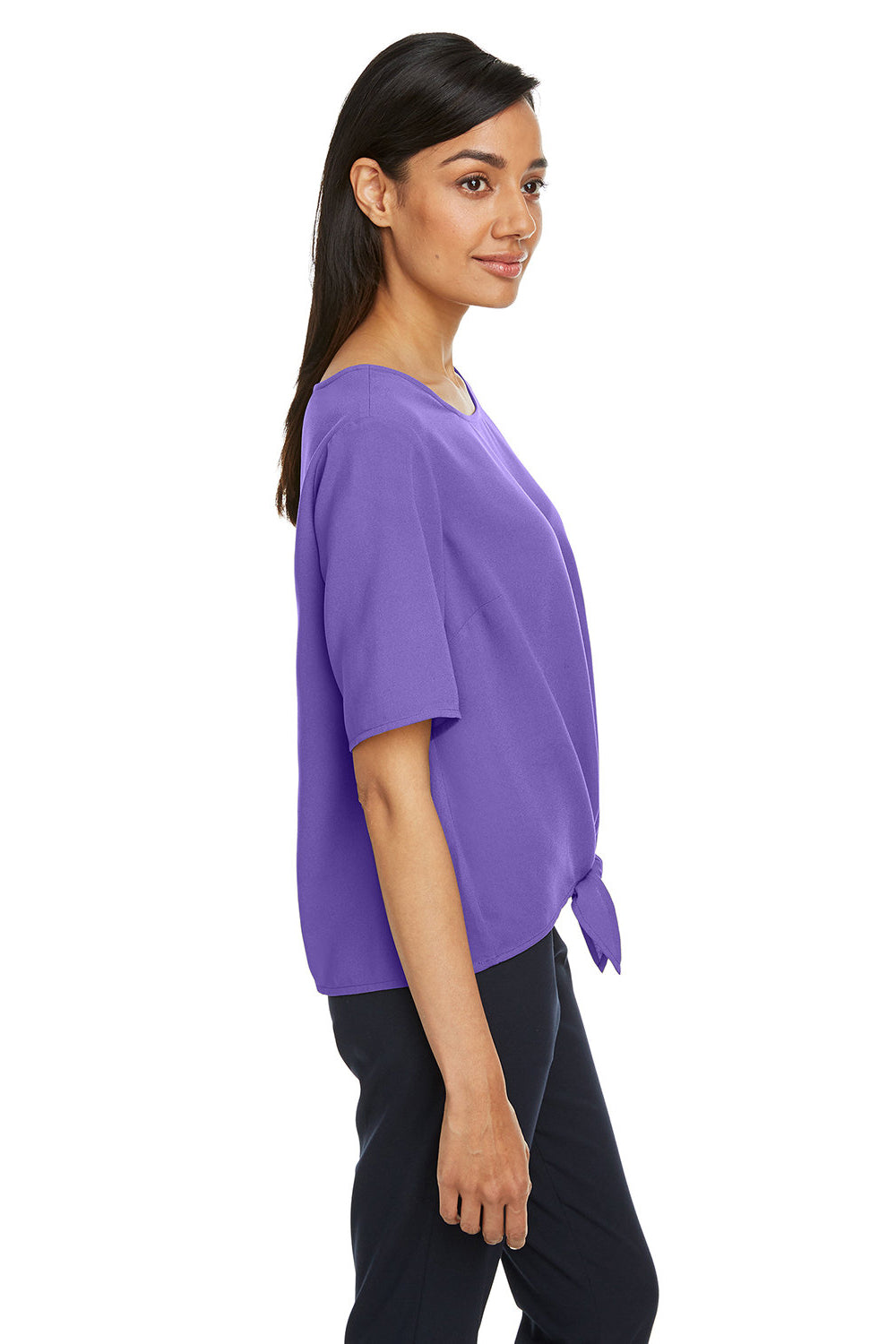 Devon & Jones DP617W Womens Perfect Fit Tie Front Short Sleeve Blouse Grape Purple Model Side