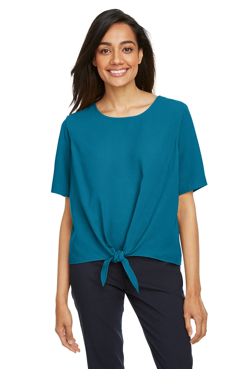 Devon & Jones DP617W Womens Perfect Fit Tie Front Short Sleeve Blouse Dark Teal Blue Model Front