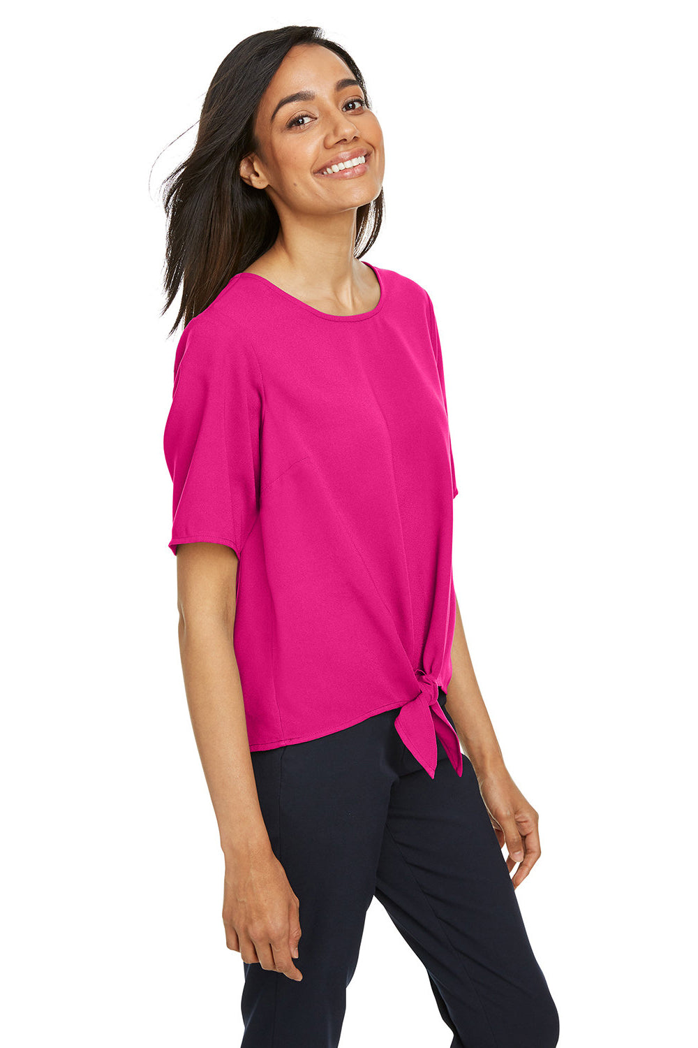 Devon & Jones DP617W Womens Perfect Fit Tie Front Short Sleeve Blouse Crown Raspberry Pink Model 3q