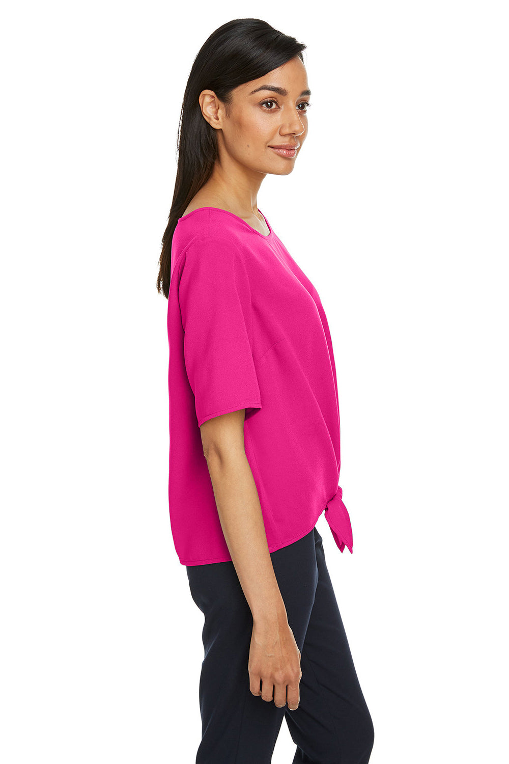 Devon & Jones DP617W Womens Perfect Fit Tie Front Short Sleeve Blouse Crown Raspberry Pink Model Side