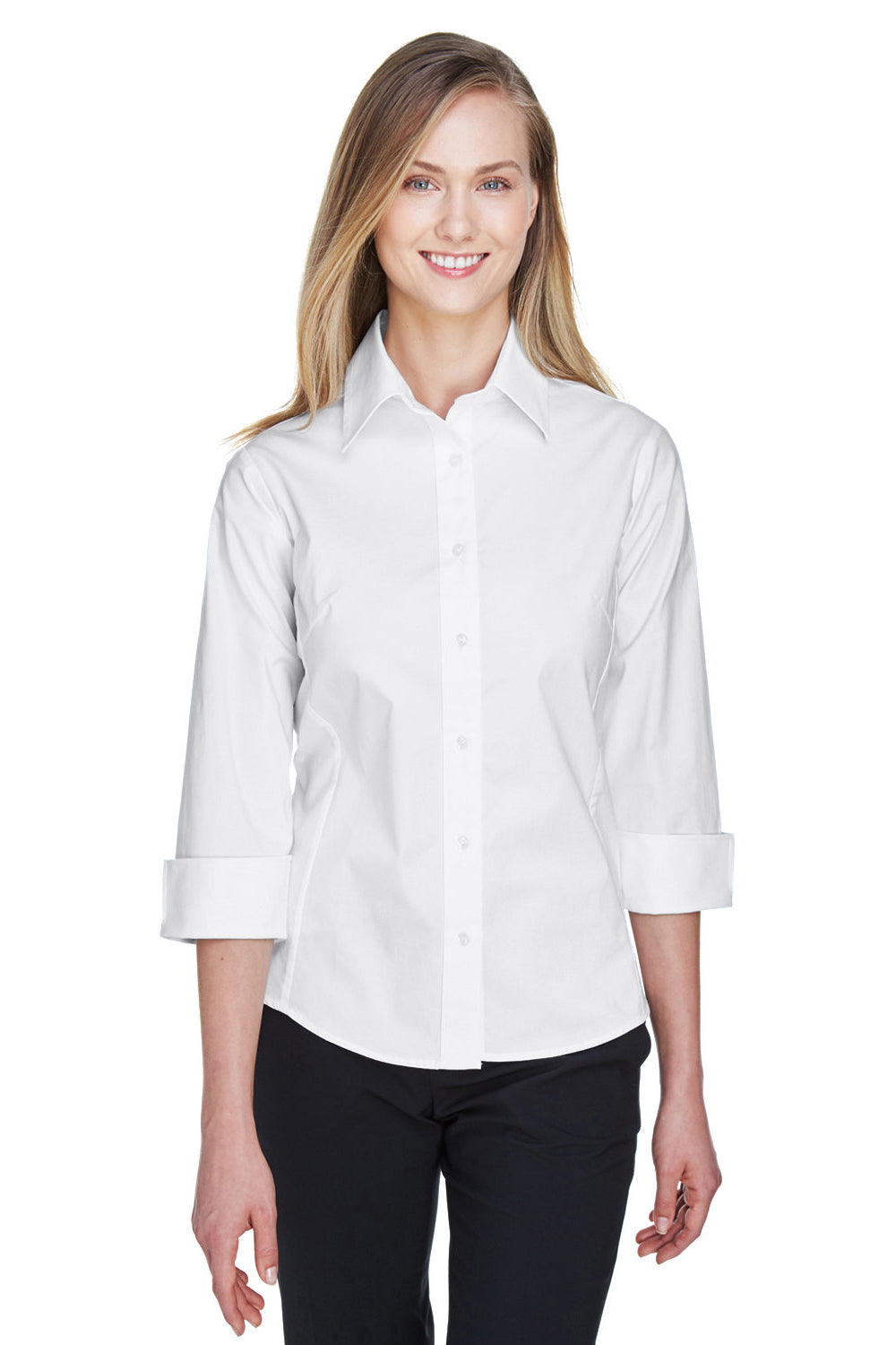 Devon & Jones DP625W Womens Perfect Fit 3/4 Sleeve Button Down Shirt White Model Front