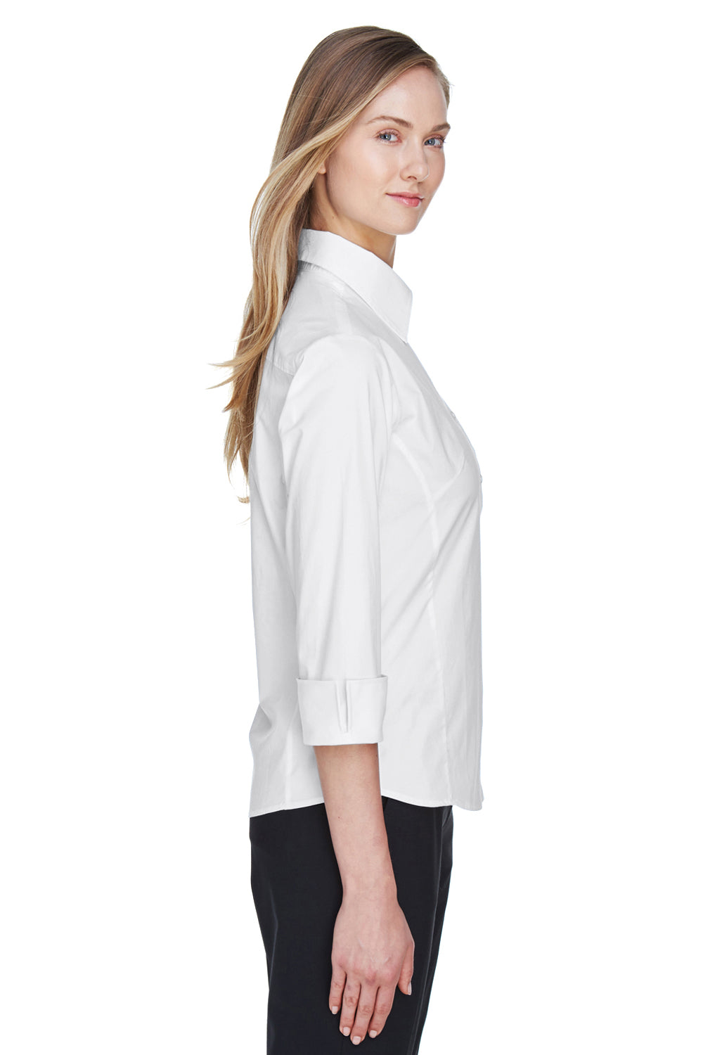 Devon & Jones DP625W Womens Perfect Fit 3/4 Sleeve Button Down Shirt White Model Side