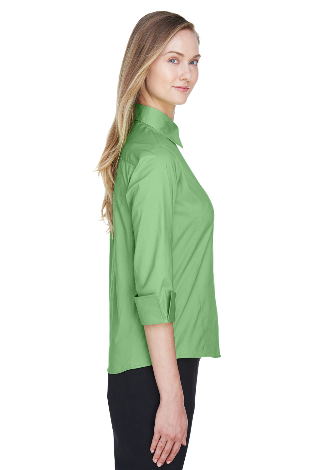 Devon & Jones DP625W Womens Perfect Fit 3/4 Sleeve Button Down Shirt Lime Green Model Side