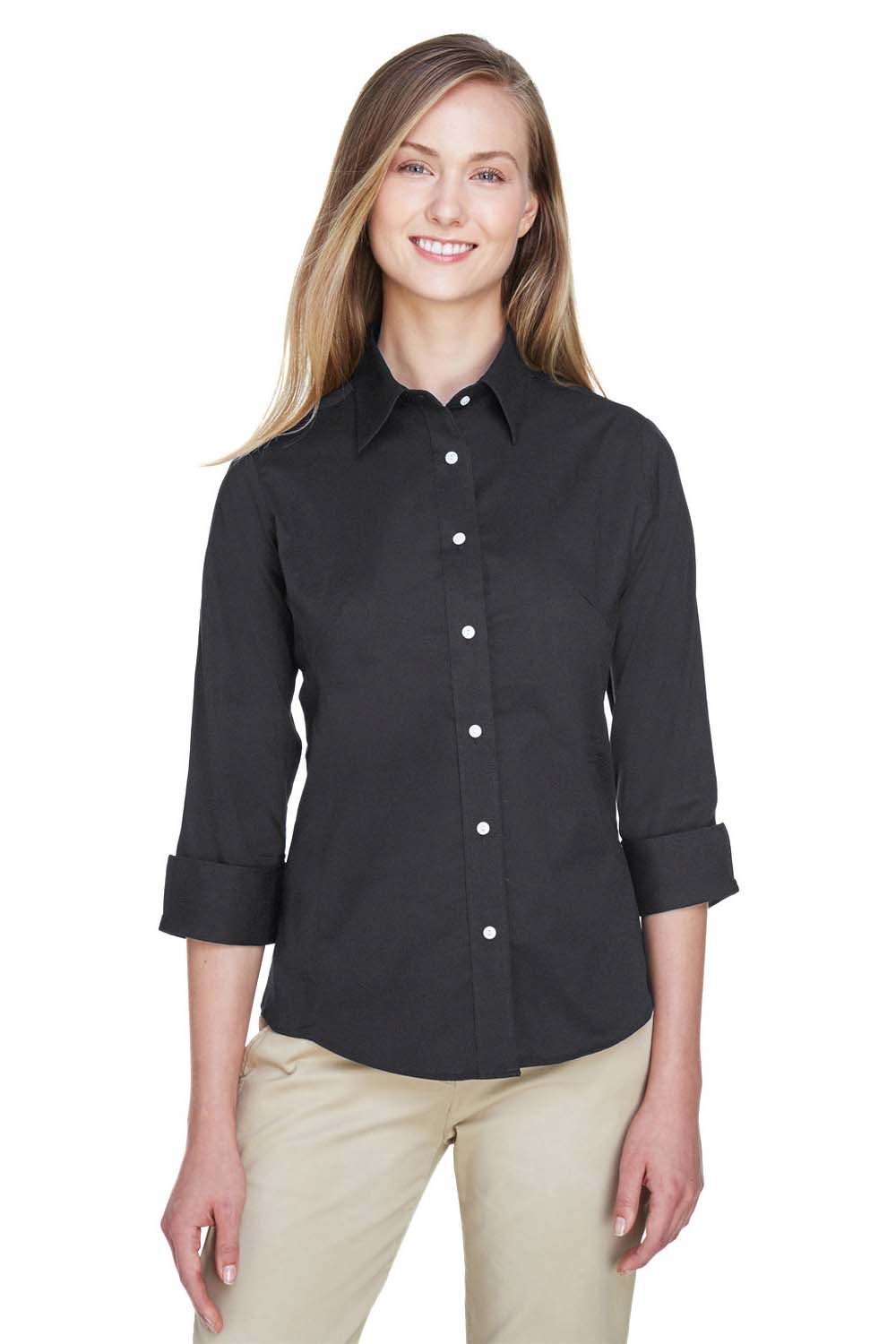 Devon & Jones DP625W Womens Perfect Fit 3/4 Sleeve Button Down Shirt Black Model Front