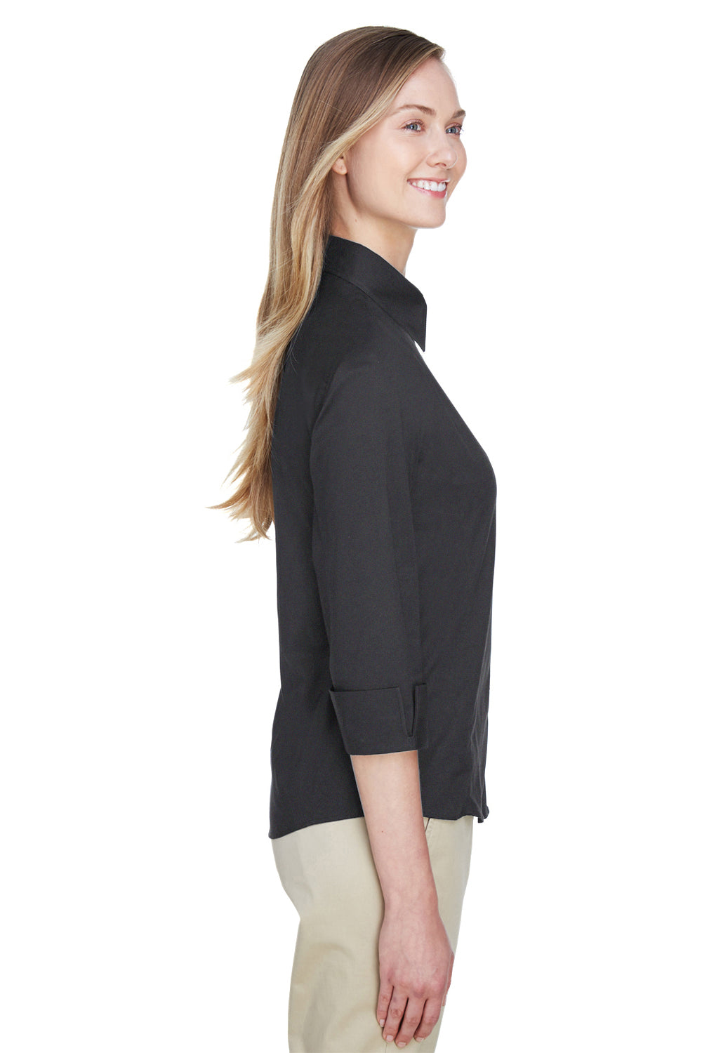 Devon & Jones DP625W Womens Perfect Fit 3/4 Sleeve Button Down Shirt Black Model Side