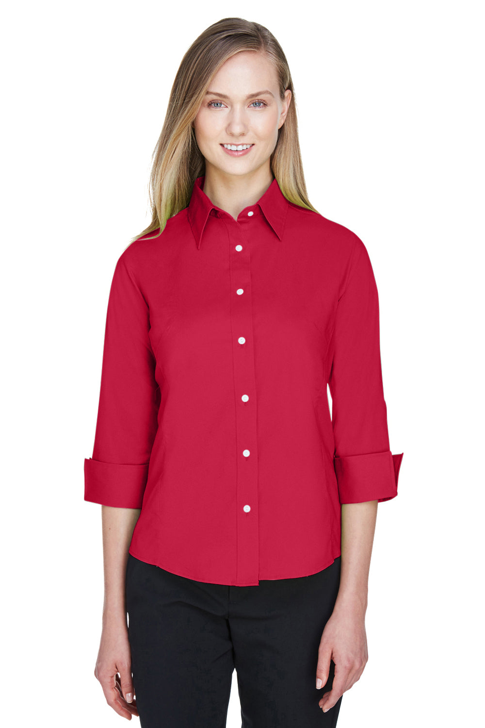 Devon & Jones DP625W Womens Perfect Fit 3/4 Sleeve Button Down Shirt Red Model Front