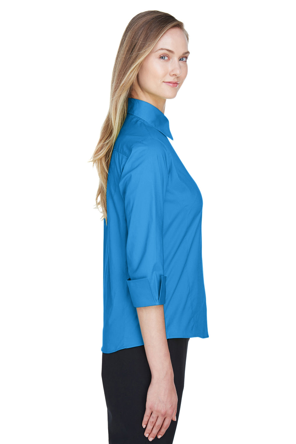 Devon & Jones DP625W Womens Perfect Fit 3/4 Sleeve Button Down Shirt French Blue Model Side