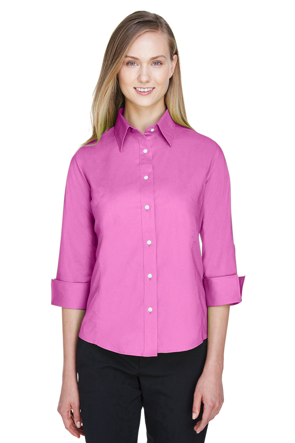 Devon & Jones DP625W Womens Perfect Fit 3/4 Sleeve Button Down Shirt Charity Pink Model Front