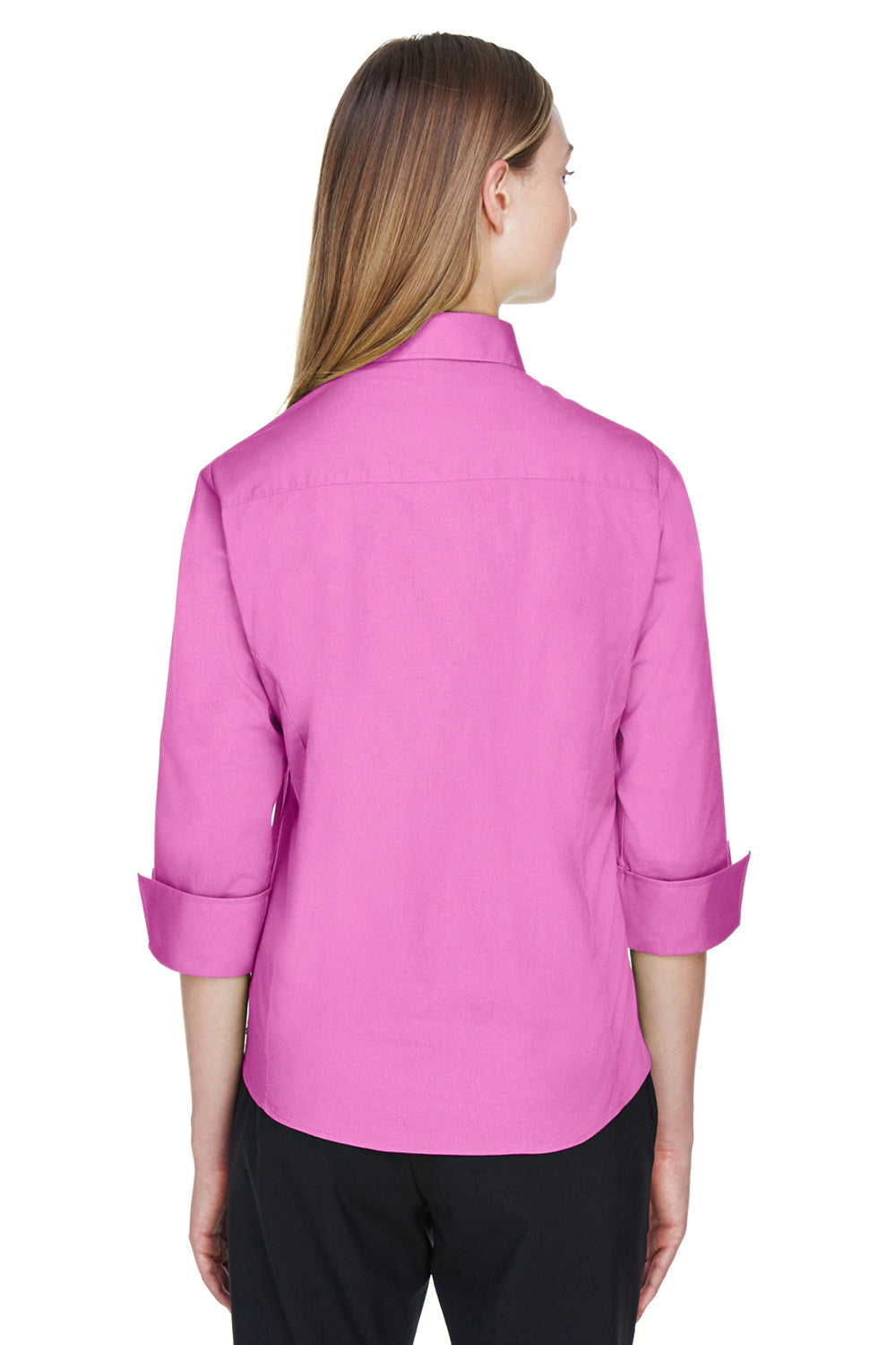 Devon & Jones DP625W Womens Perfect Fit 3/4 Sleeve Button Down Shirt Charity Pink Model Back