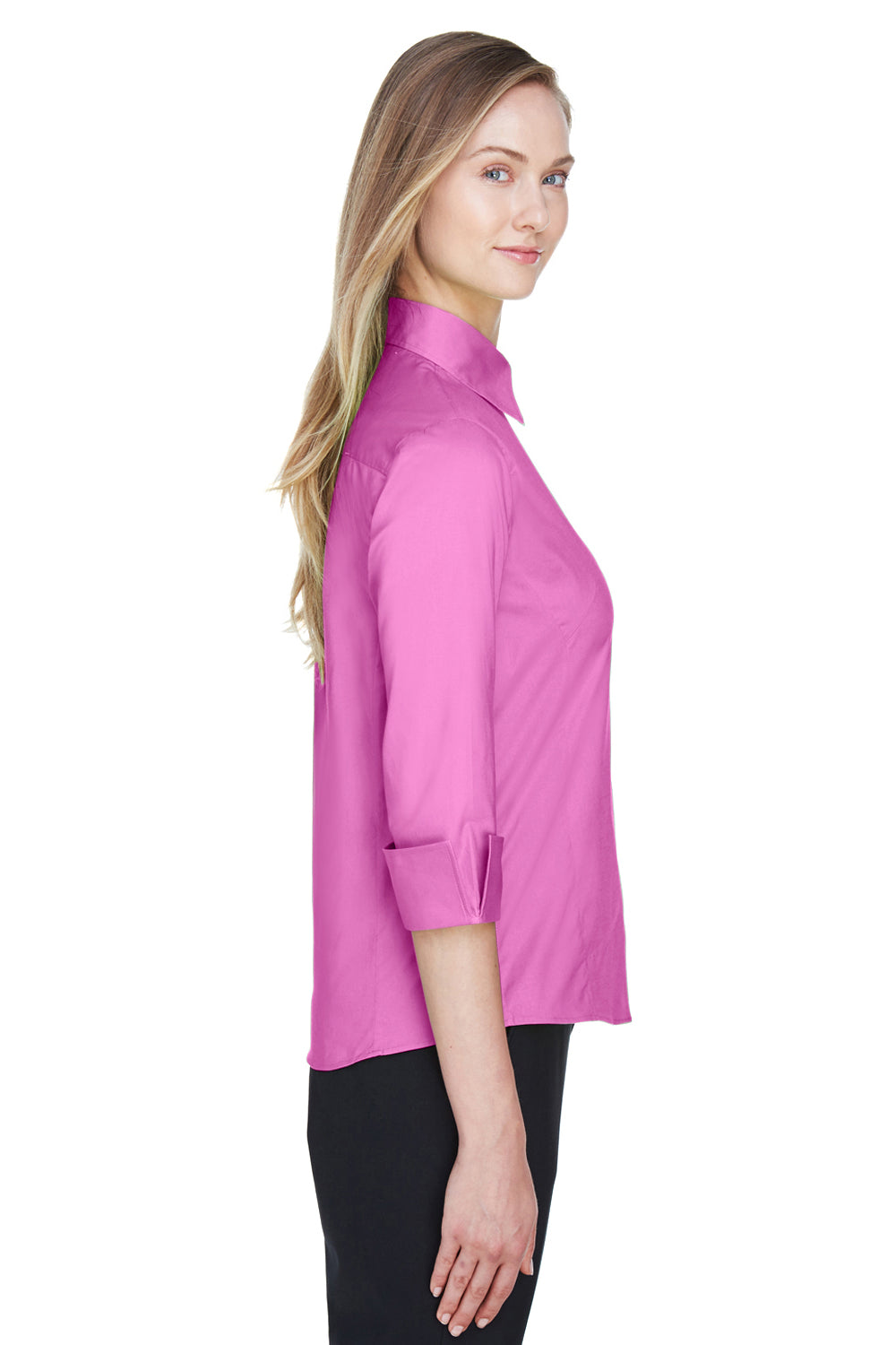 Devon & Jones DP625W Womens Perfect Fit 3/4 Sleeve Button Down Shirt Charity Pink Model Side