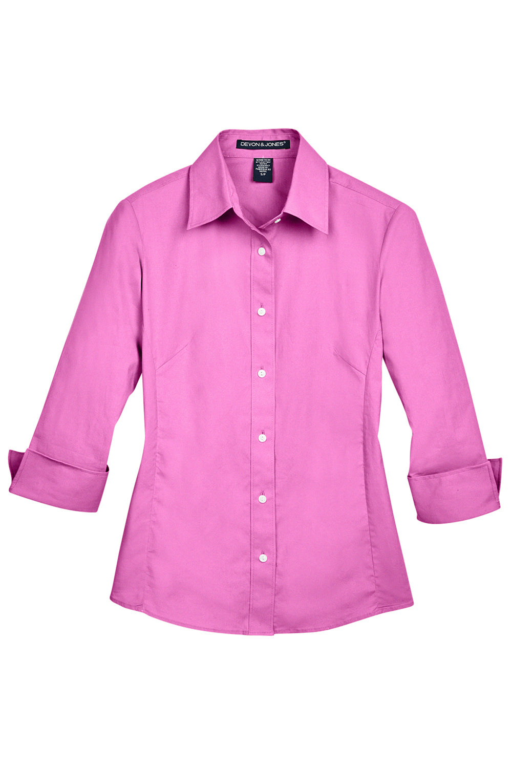 Devon & Jones DP625W Womens Perfect Fit 3/4 Sleeve Button Down Shirt Charity Pink Flat Front