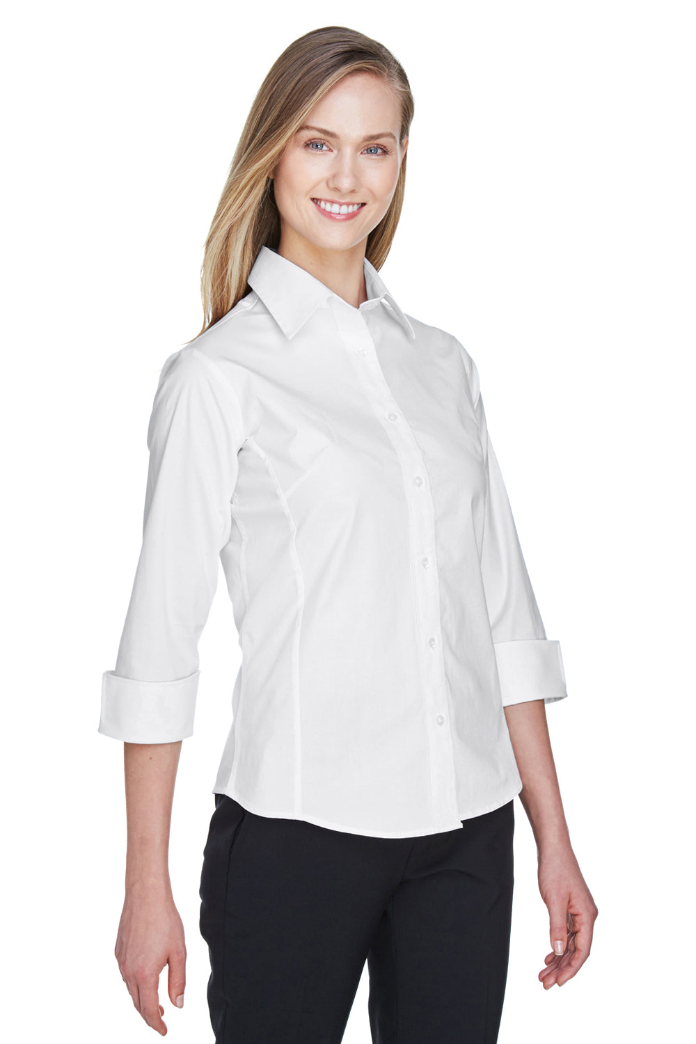 Devon & Jones DP625W Womens Perfect Fit 3/4 Sleeve Button Down Shirt White Model 3q