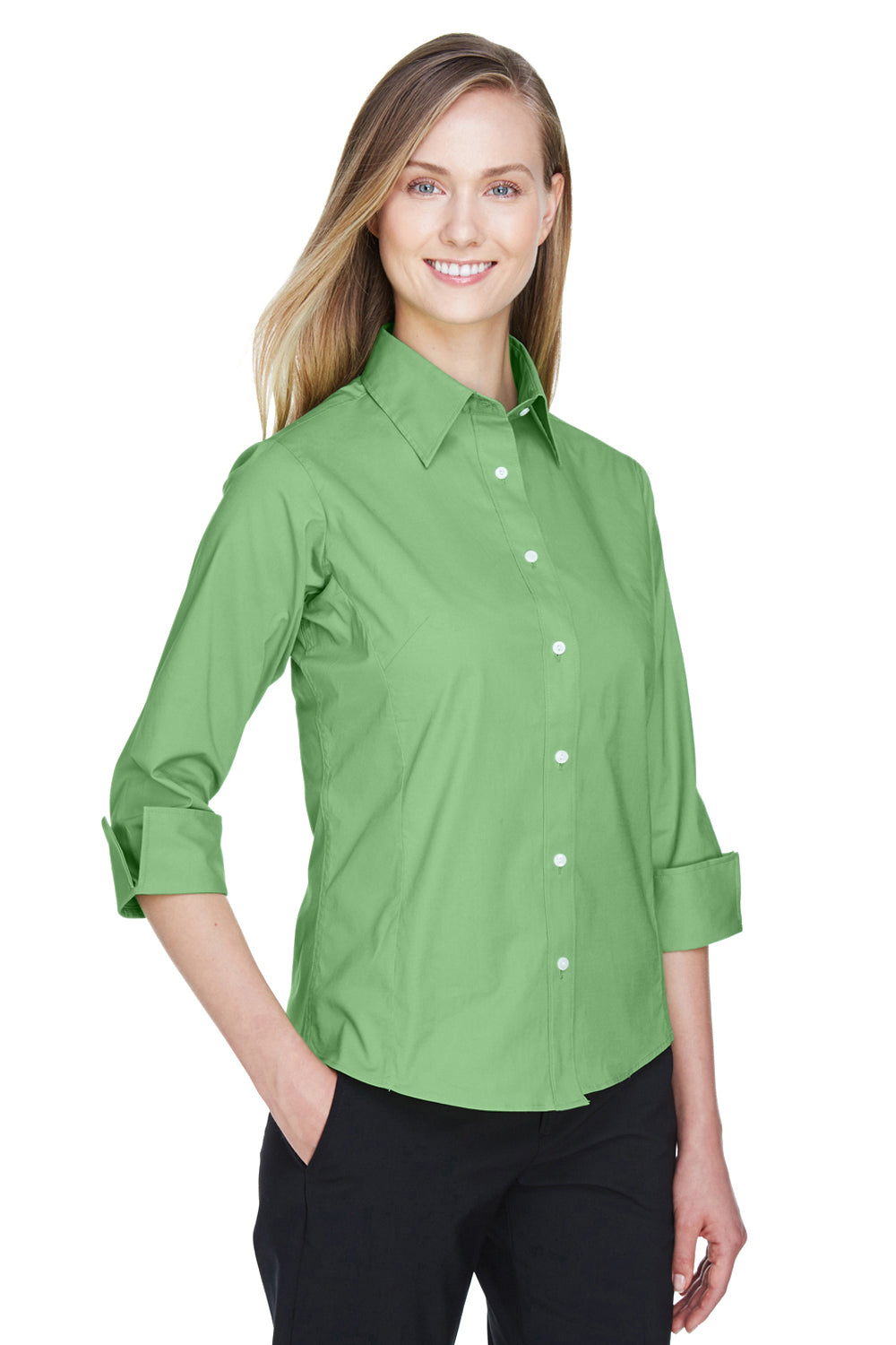 Devon & Jones DP625W Womens Perfect Fit 3/4 Sleeve Button Down Shirt Lime Green Model 3q