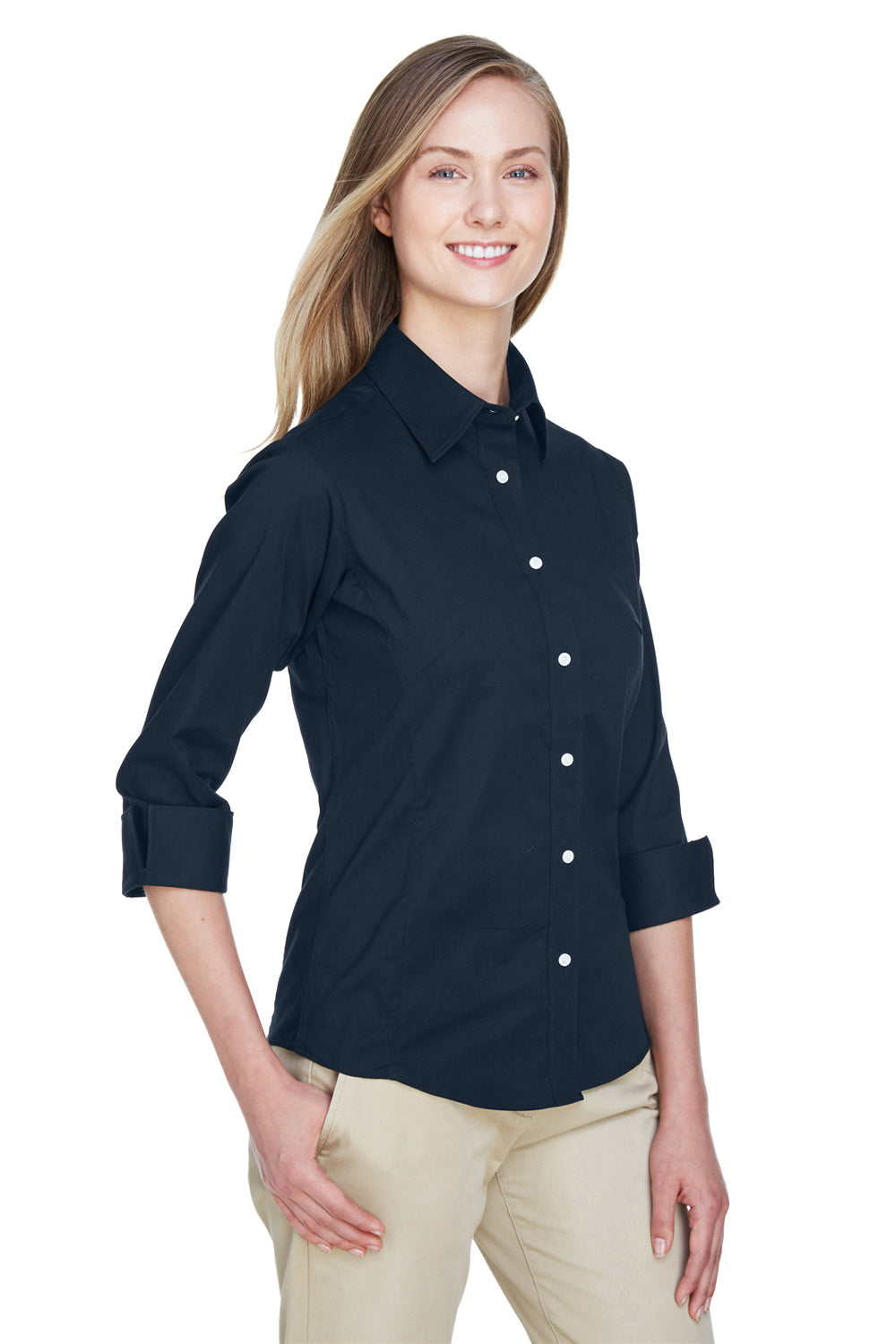 Devon & Jones DP625W Womens Perfect Fit 3/4 Sleeve Button Down Shirt Navy Blue Model 3q