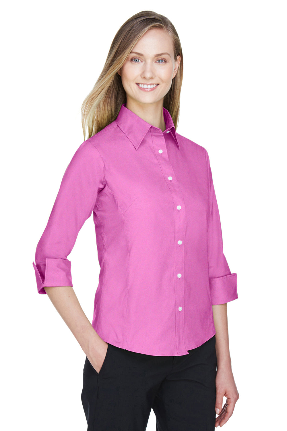 Devon & Jones DP625W Womens Perfect Fit 3/4 Sleeve Button Down Shirt Charity Pink Model 3q