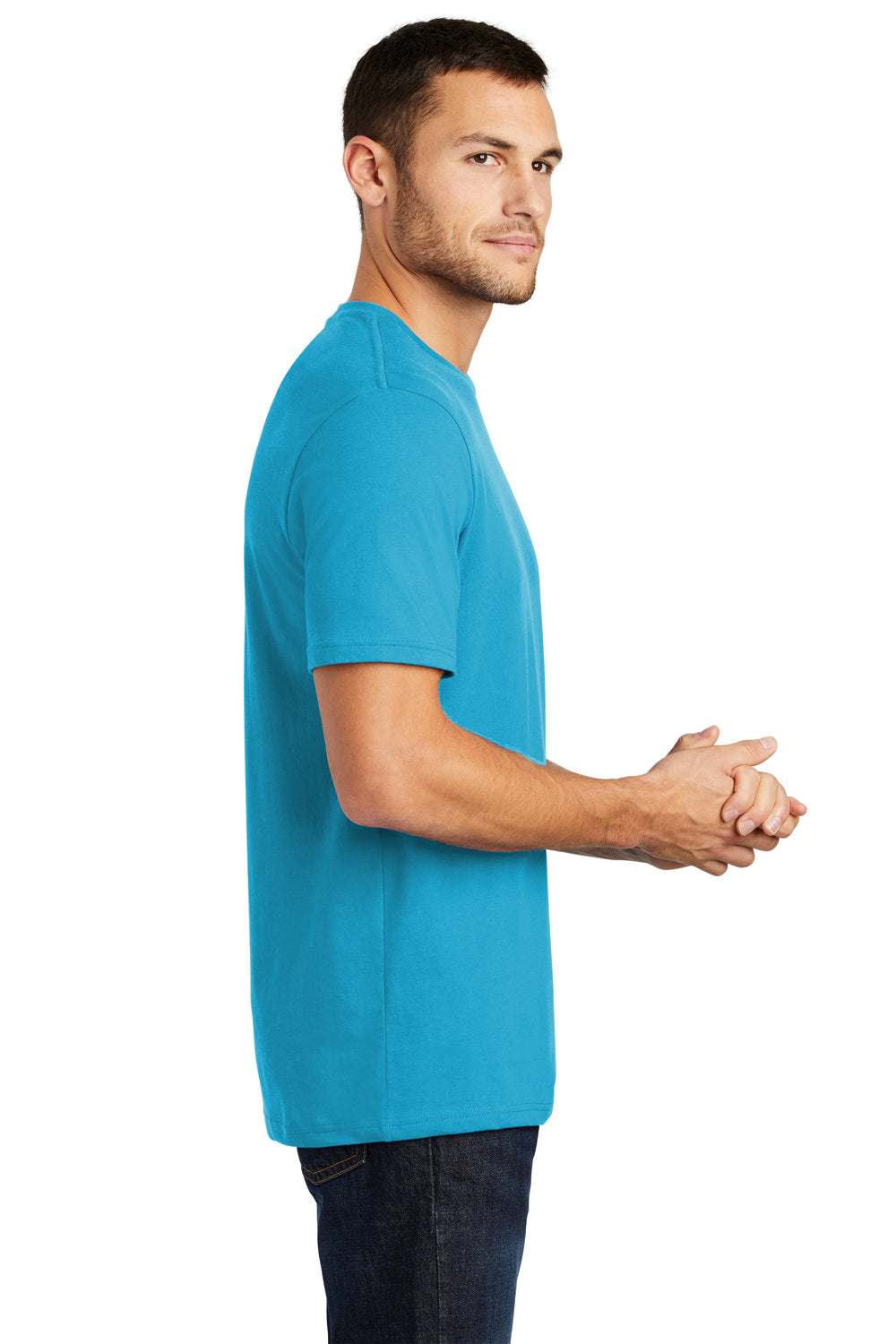 District DT104 Mens Perfect Weight Short Sleeve Crewneck T-Shirt Bright Turquoise Blue Model Side