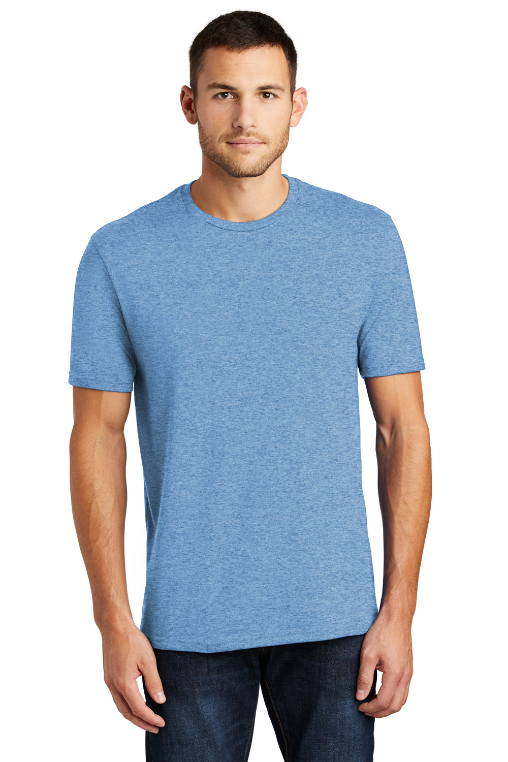 District DT104 Mens Perfect Weight Short Sleeve Crewneck T-Shirt Clean Denim Blue Model Front