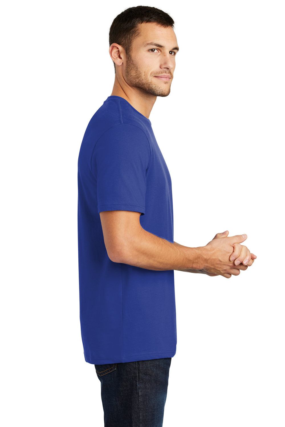 District DT104 Mens Perfect Weight Short Sleeve Crewneck T-Shirt Deep Royal Blue Model Side