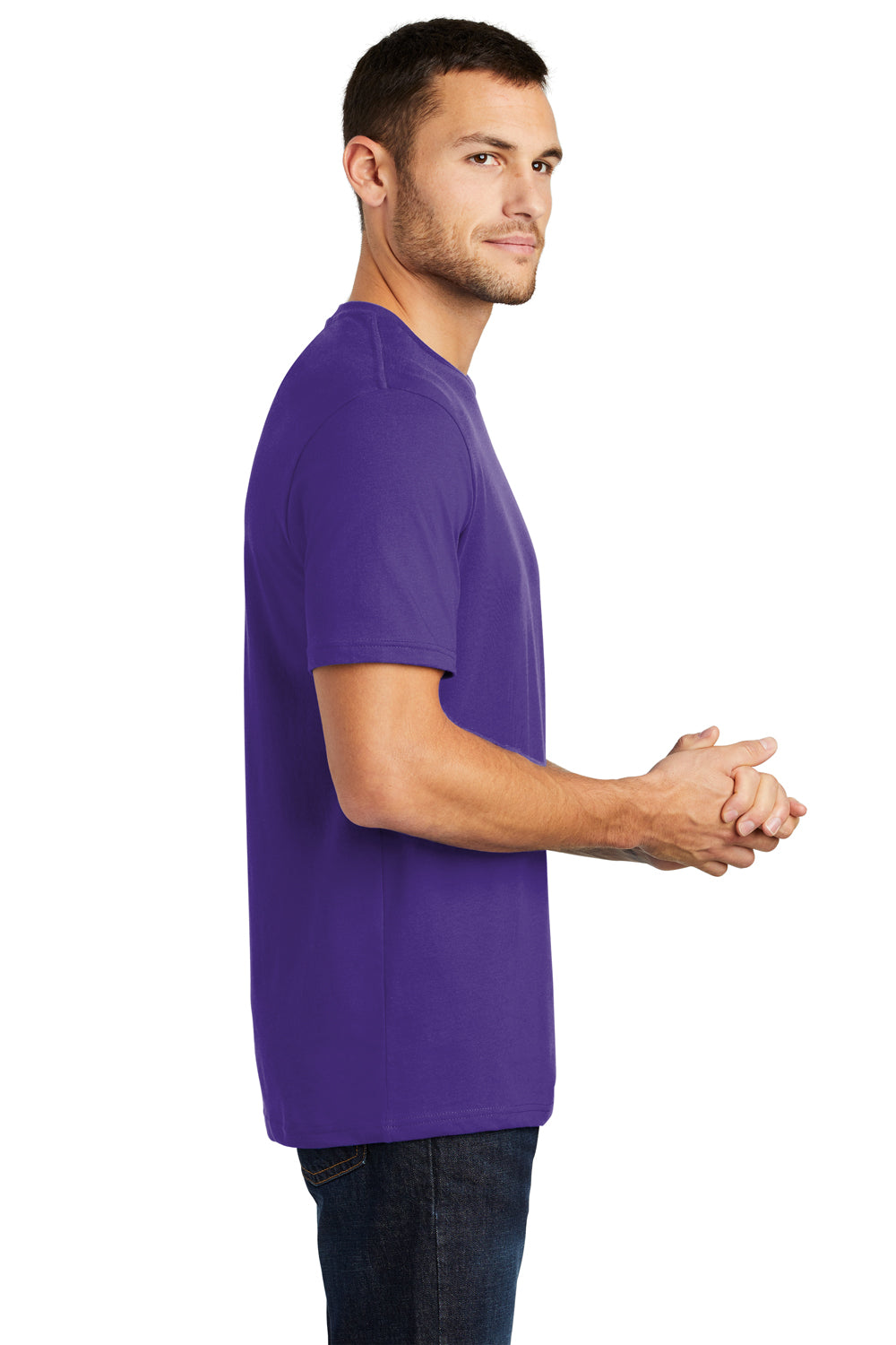 District DT104 Mens Perfect Weight Short Sleeve Crewneck T-Shirt Purple Model Side