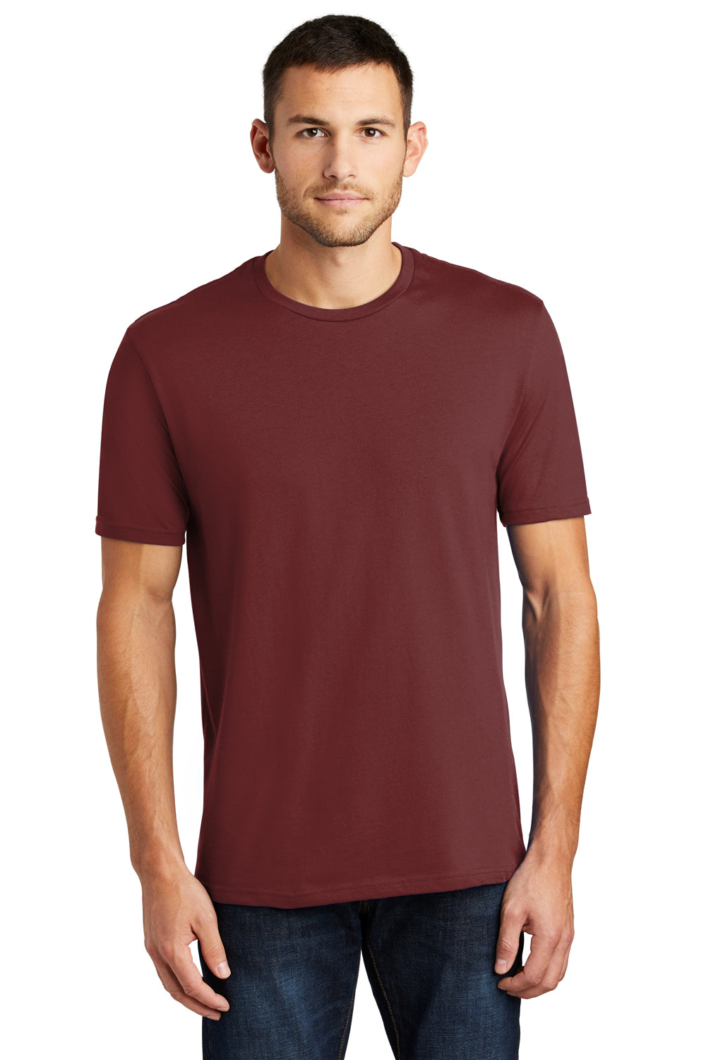 District DT104 Mens Perfect Weight Short Sleeve Crewneck T-Shirt Sangria Red Model Front