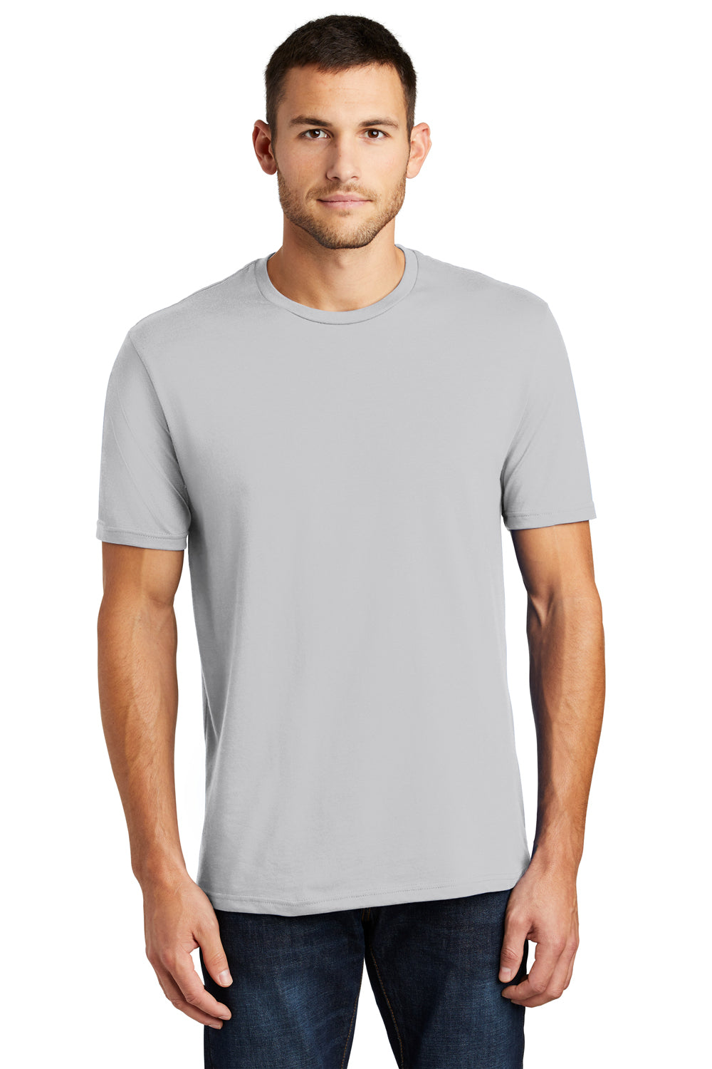 District DT104 Mens Perfect Weight Short Sleeve Crewneck T-Shirt Silver Grey Model Front