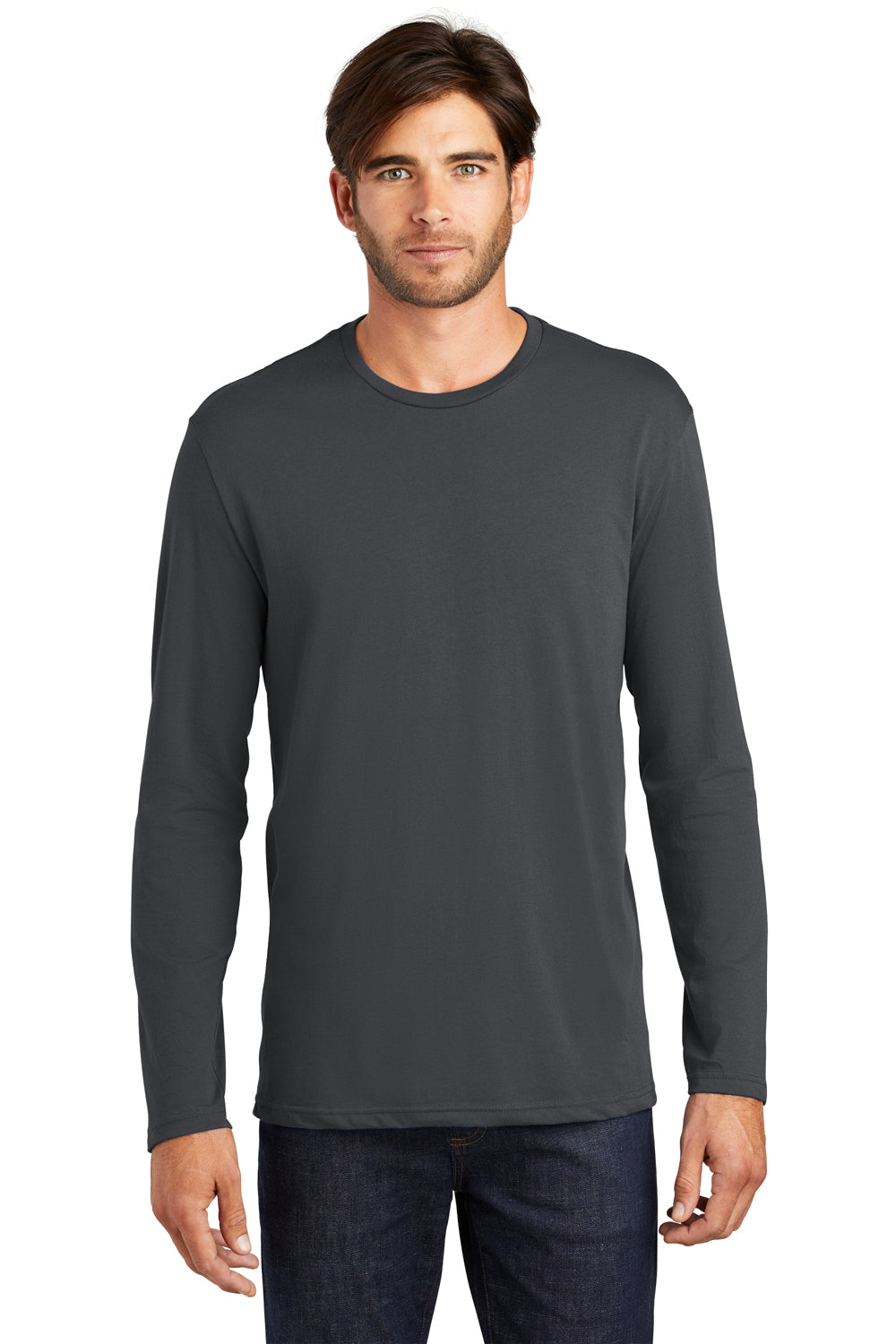 District DT105 Mens Perfect Weight Long Sleeve Crewneck T-Shirt Charcoal Grey Model Front