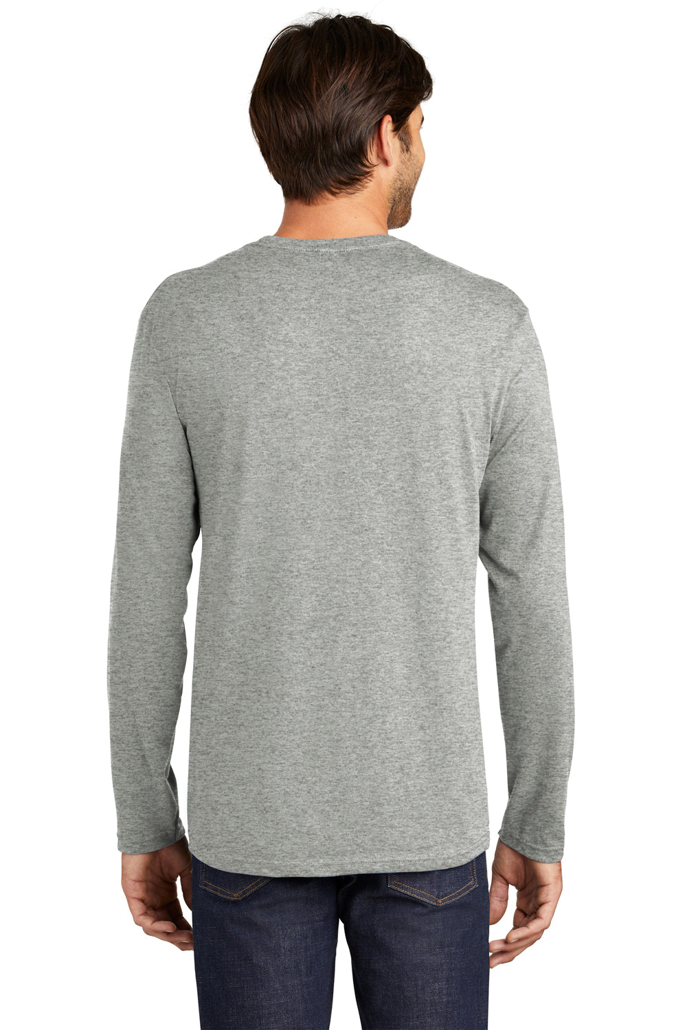 District DT105 Mens Perfect Weight Long Sleeve Crewneck T-Shirt Heather Steel Grey Model Back