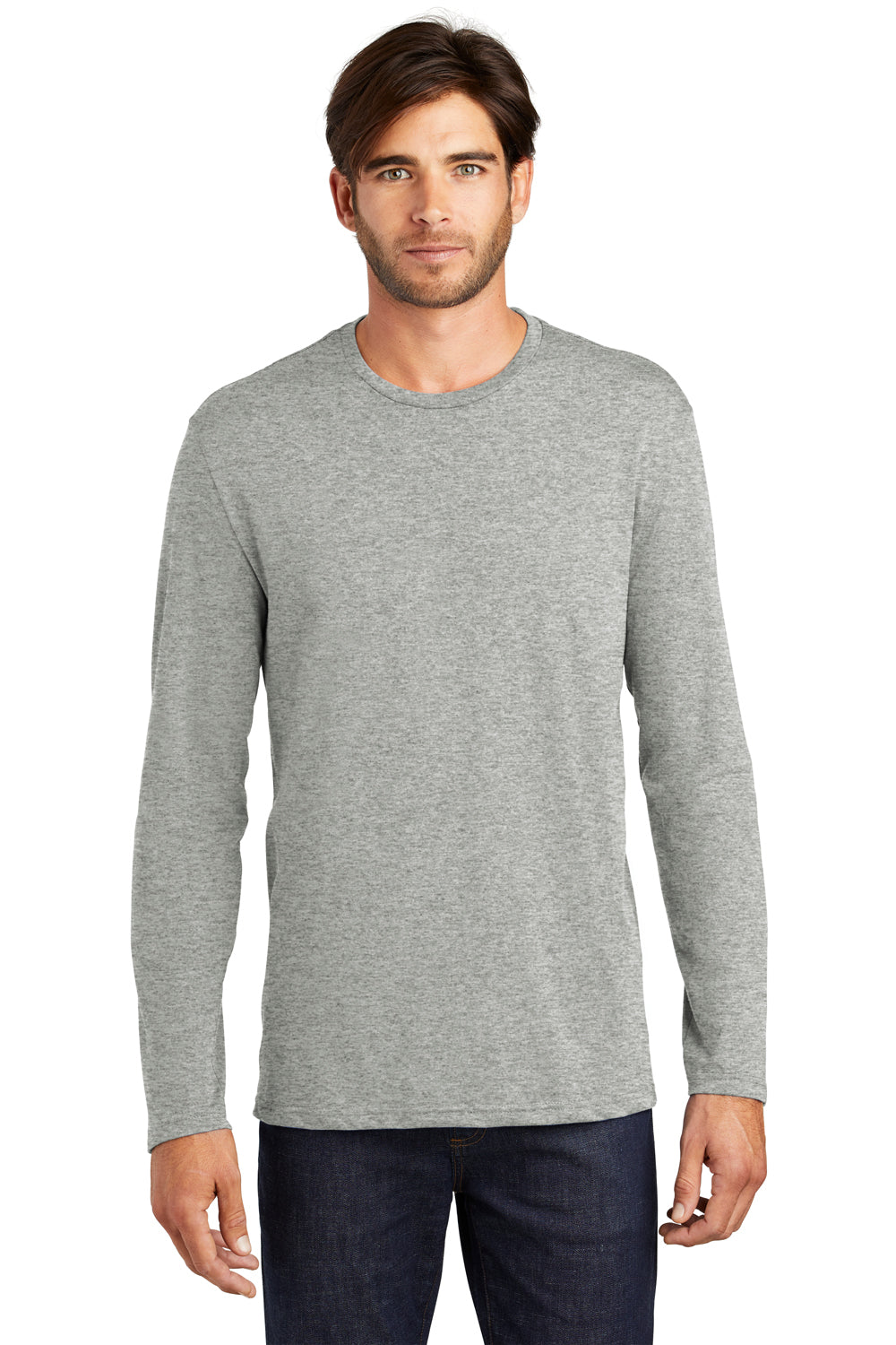 District DT105 Mens Perfect Weight Long Sleeve Crewneck T-Shirt Heather Steel Grey Model Front