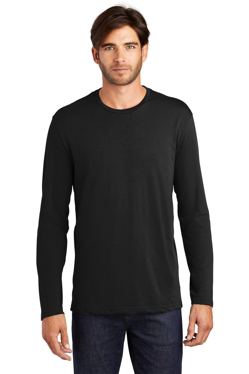 District DT105 Mens Perfect Weight Long Sleeve Crewneck T-Shirt Black Model Front